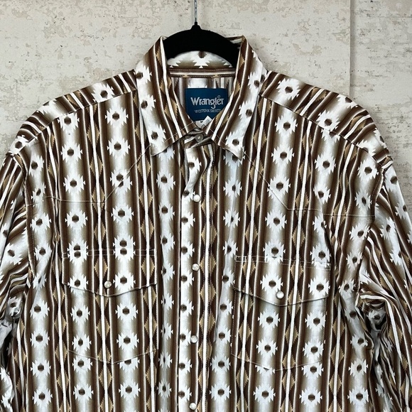 WANGLER Western Wear Mens Shirt Pearl Snap Buttons Aztec Brown Cowboy Large - Picture 2 of 16